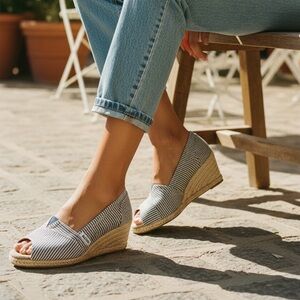 TOMS Blue Striped Open-Toe Canvas Espadrilles